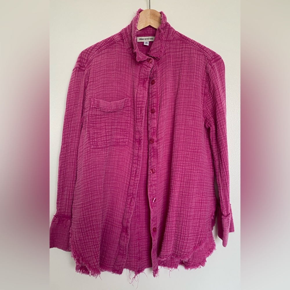 Distressed fuchsia button down shirt